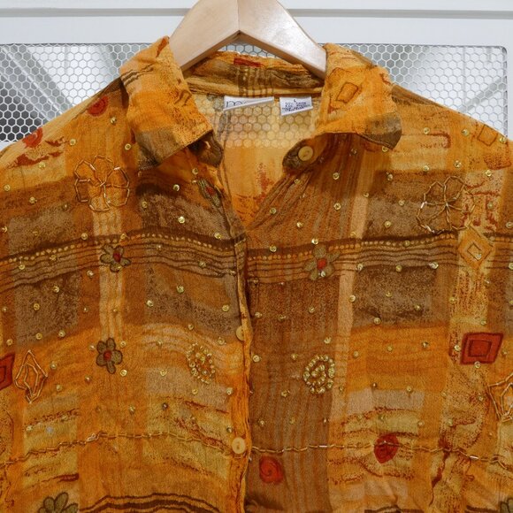 Vintage 90s Button Up Shirt Abstract Print Glass Beads Embroidery Safari Sheer - Picture 2 of 6